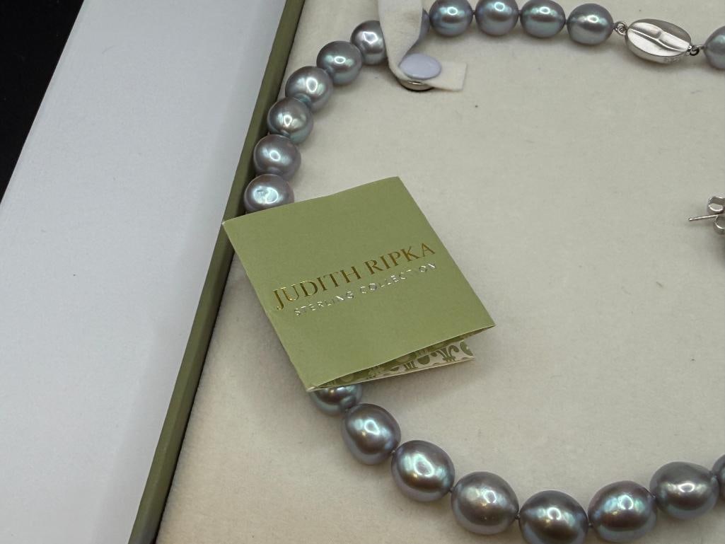 GREY PEARL NECKLACE WITH STERLING SILVER CLASP AND MATCHING EARRINGS - 6