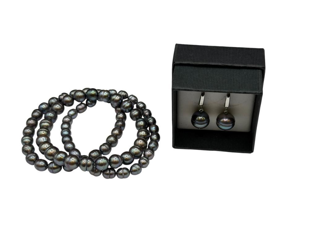 DYED PURPLE RINGED BAROQUE PEARL JEWELRY SET INCLUDING NECKLACE, BRACELETS, AND EARRINGS - 4