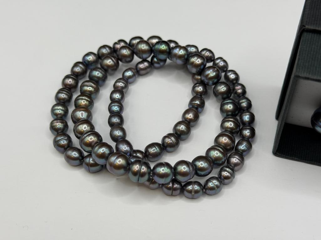 DYED PURPLE RINGED BAROQUE PEARL JEWELRY SET INCLUDING NECKLACE, BRACELETS, AND EARRINGS - 5