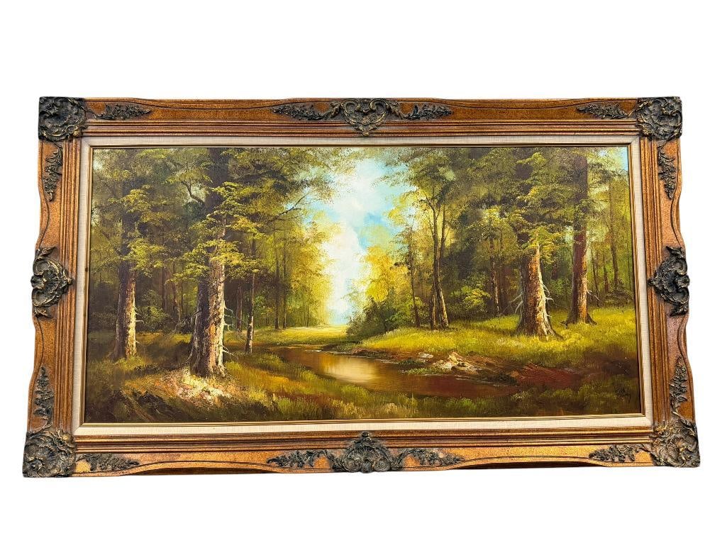 LARGE ORIGINAL OIL ON CANVAS PAINTING FOREST LANDSCAPE: EARTH TONED PAINTING OF A FOREST WITH TALL MATURE TREES AND SMALL STREAM, SIGNED LOWER RIGHT, STAMPED ON THE BACK OF THE PAINTING, THIS IS AN ORIGINAL PAINTING UNLAWFUL TO COPY, FRAMED 55 1/2" X 32"