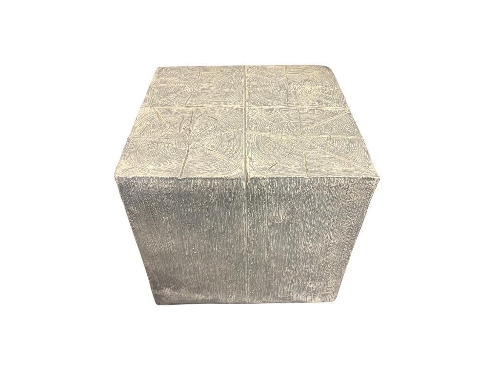 Z GALLERIE TIMBER ENDTABLE MADE FROM CAST RECLAIMED WOOD FINISHED IN ANTIQUE SILVER: SQUARE ENDTABLE 22" X 22" X 22"