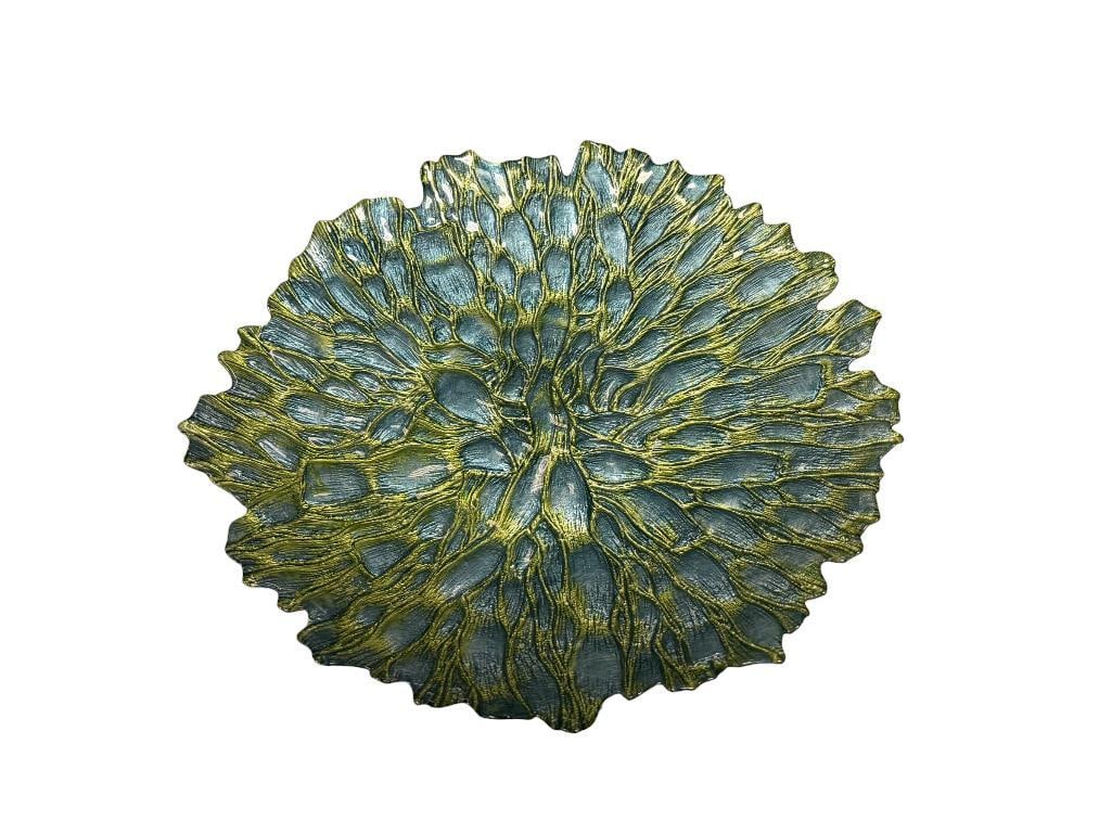 LARGE MOSS AND GOLD TEXTURES ART GLASS CENTERPIECE BOWL: FOR DECOR PURPOSE, NO CHIPS OR CRACKS 19"