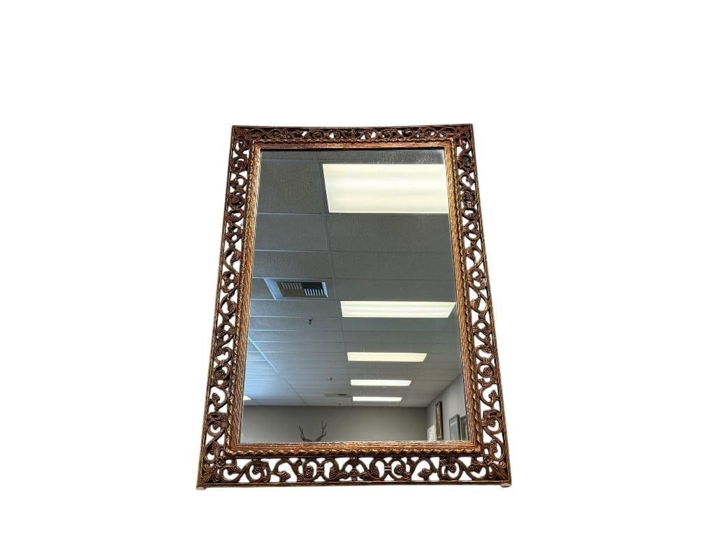 FRAMED MIRROR IN BRONZE TONED BERRY AND FLORAL DESIGN FRAME: PLASTIC FRAME 25 1/2" X 35 1/2" FRAME