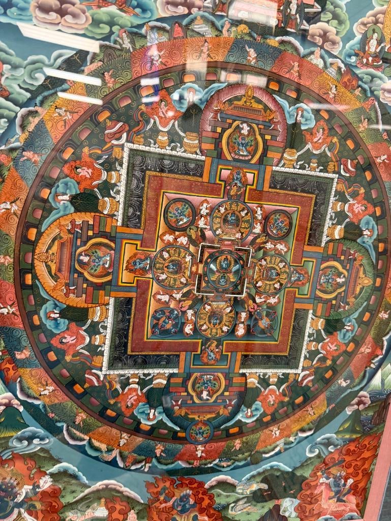 TIBETAN THANGKA INTRICATE ORIGINAL PAINTING DEPICTING A DETAILED COSMIC MANDALA WITH SQUARE PALACE - 3
