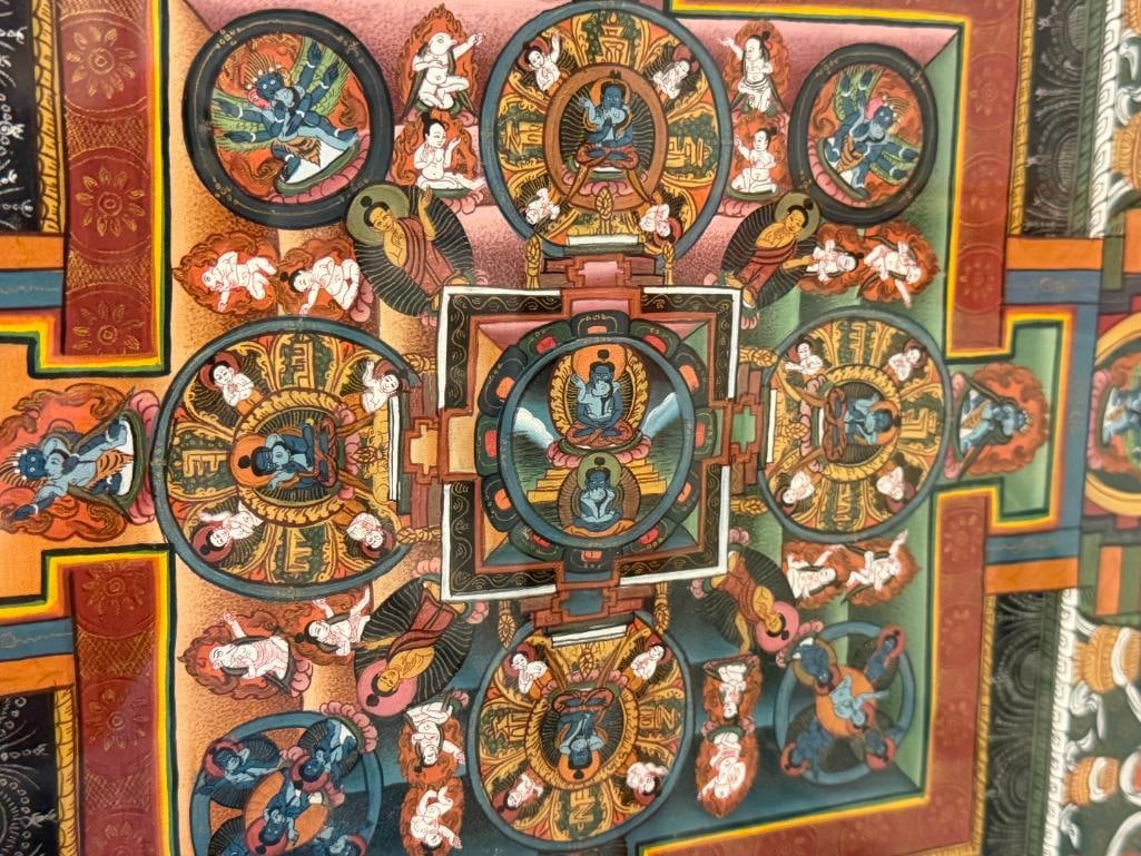 TIBETAN THANGKA INTRICATE ORIGINAL PAINTING DEPICTING A DETAILED COSMIC MANDALA WITH SQUARE PALACE - 4