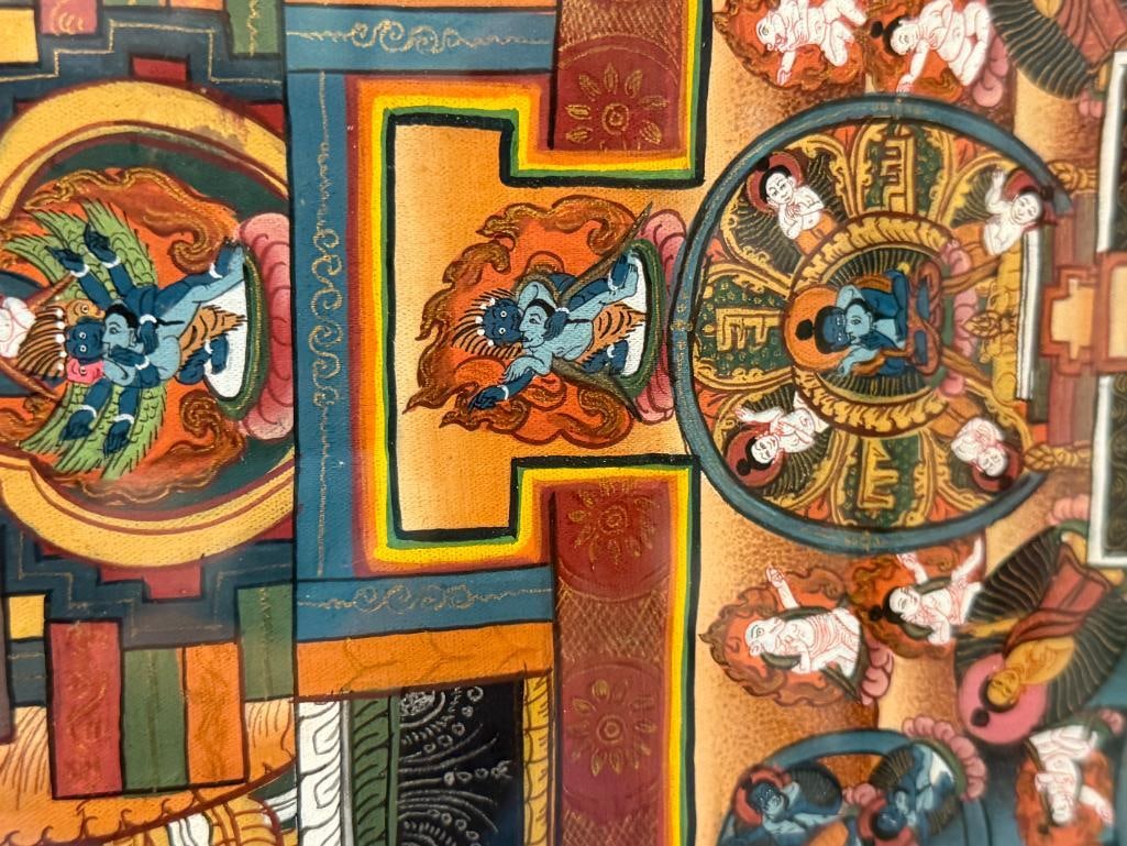 TIBETAN THANGKA INTRICATE ORIGINAL PAINTING DEPICTING A DETAILED COSMIC MANDALA WITH SQUARE PALACE - 5