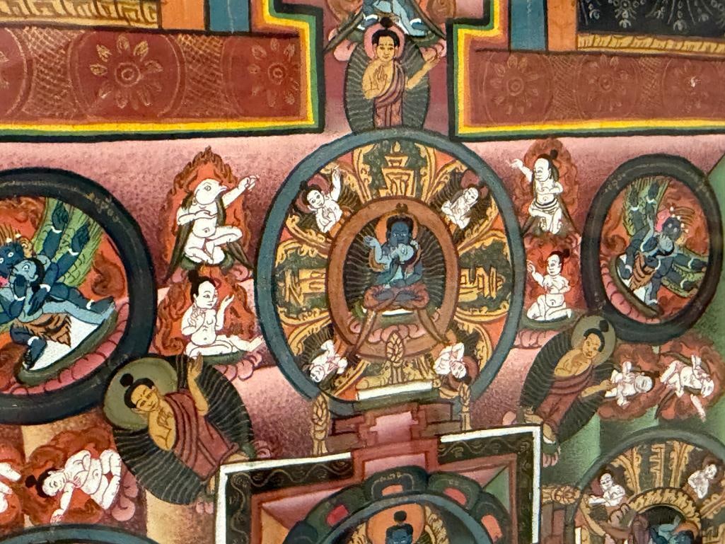 TIBETAN THANGKA INTRICATE ORIGINAL PAINTING DEPICTING A DETAILED COSMIC MANDALA WITH SQUARE PALACE - 6