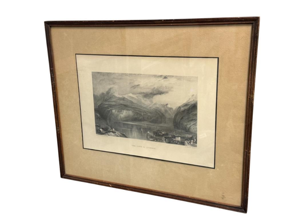 JOSEPH MALLORD WILLIAM TURNER ENGLISH ARTIST STEEL ENGRAVING THE LAKE OF LUCERNE: WILLIAM TURNER (1775-1851) WAS AN ENGLISH ROMANCE ARTIST, ILLUSTRATOR, AND WATERCOLOURIST, ART DEPICTS SCENE OF A VILLAGE NEAR A BODY OF WATER WITH MOUNTAINS IN THE BACKGROUND, FRAMED 18 1/2" X