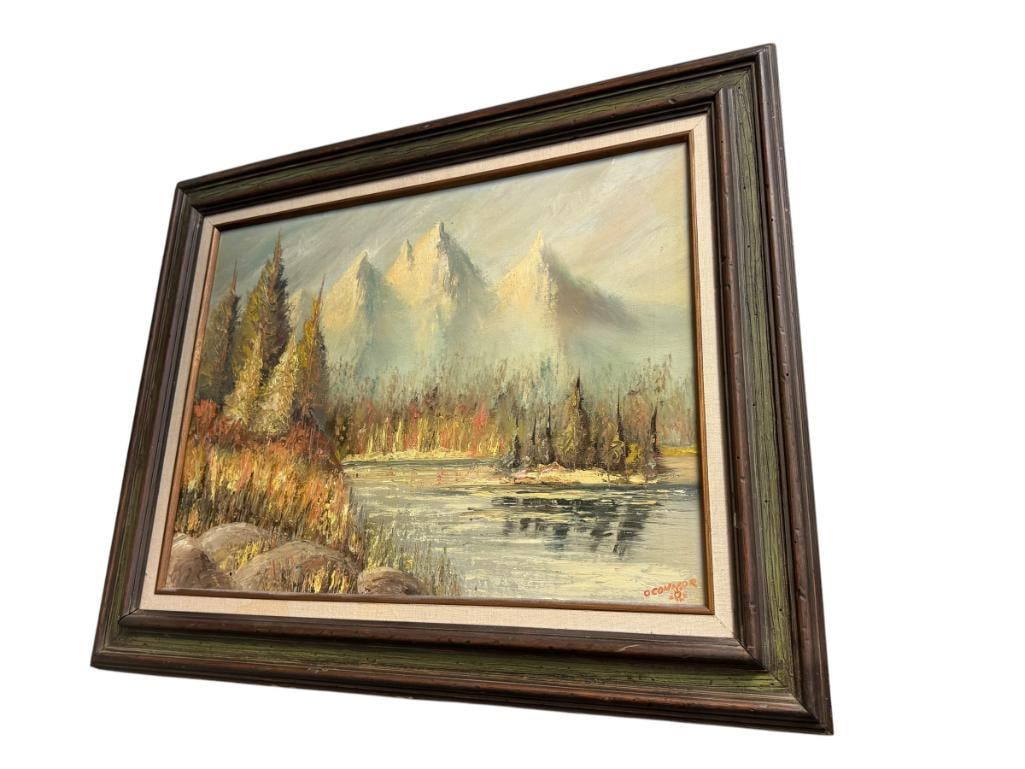 O'CONNOR ORIGINAL OIL ON CANVAS PAINTING OF THE GRAND TETONS MOUNTAINS LANDSCAPE: ART DEPICTS LANDSCAPE OF GRAND TETONS MOUNTAINS, SIGNED LOWER RIGHT, FRAMED 31" X 25" FRAME