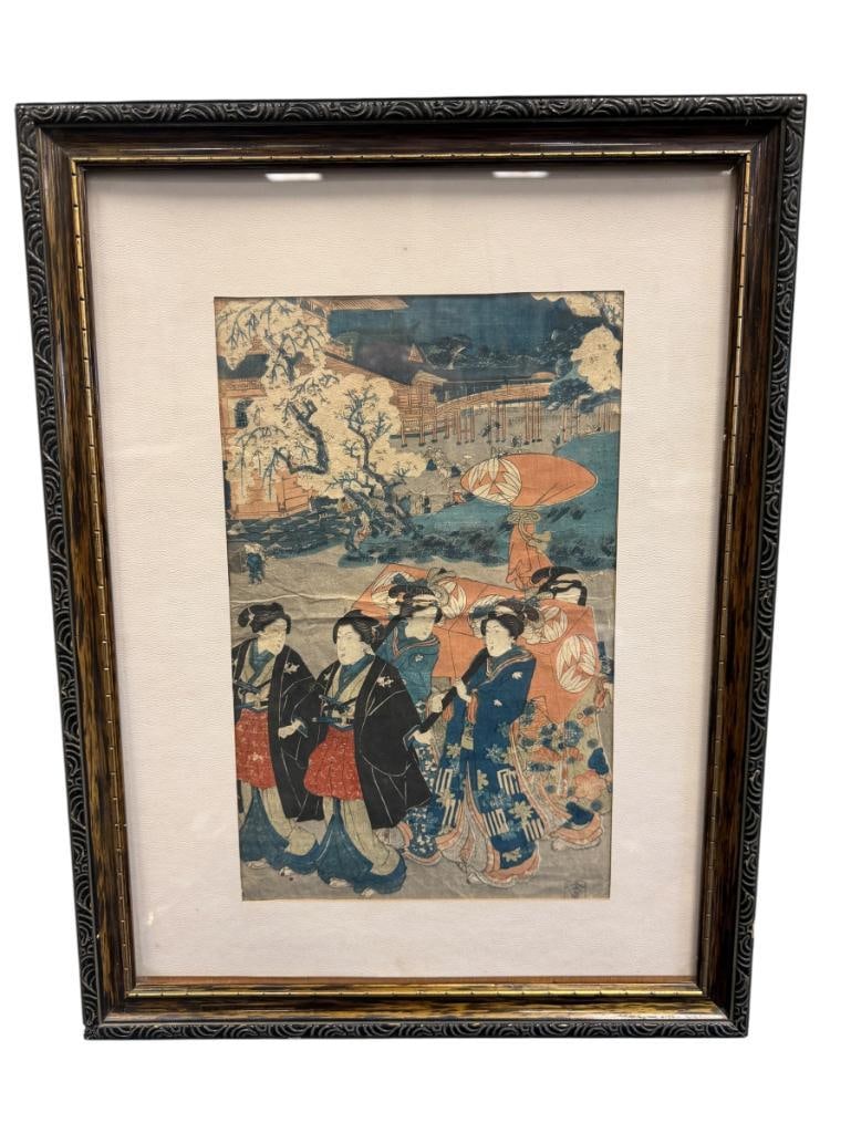 UTAGAWA KUNISADA UKIYO-E JAPANESE ARTIST WOODBLOCK PRINT WOMEN IMITATING IMPERIAL PROCESSION: EDO PERIOD WOODBLOCK PRINT CIRCA 1825-1843, FRAMED 15" X 20" FRAME