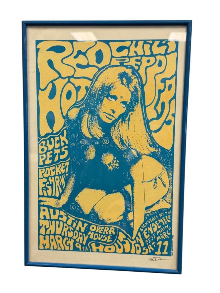 1989SILKSCREEN COSTER POSTER BY RENOWNED ARTIST FRANK KOZIK FOR RED HOT CHILI PEPPERS SHOW: PSYCHEDELIC STYLE POSTER, SIGNED LOWER RIGHT, FRAMED 11" X 17" FRAME