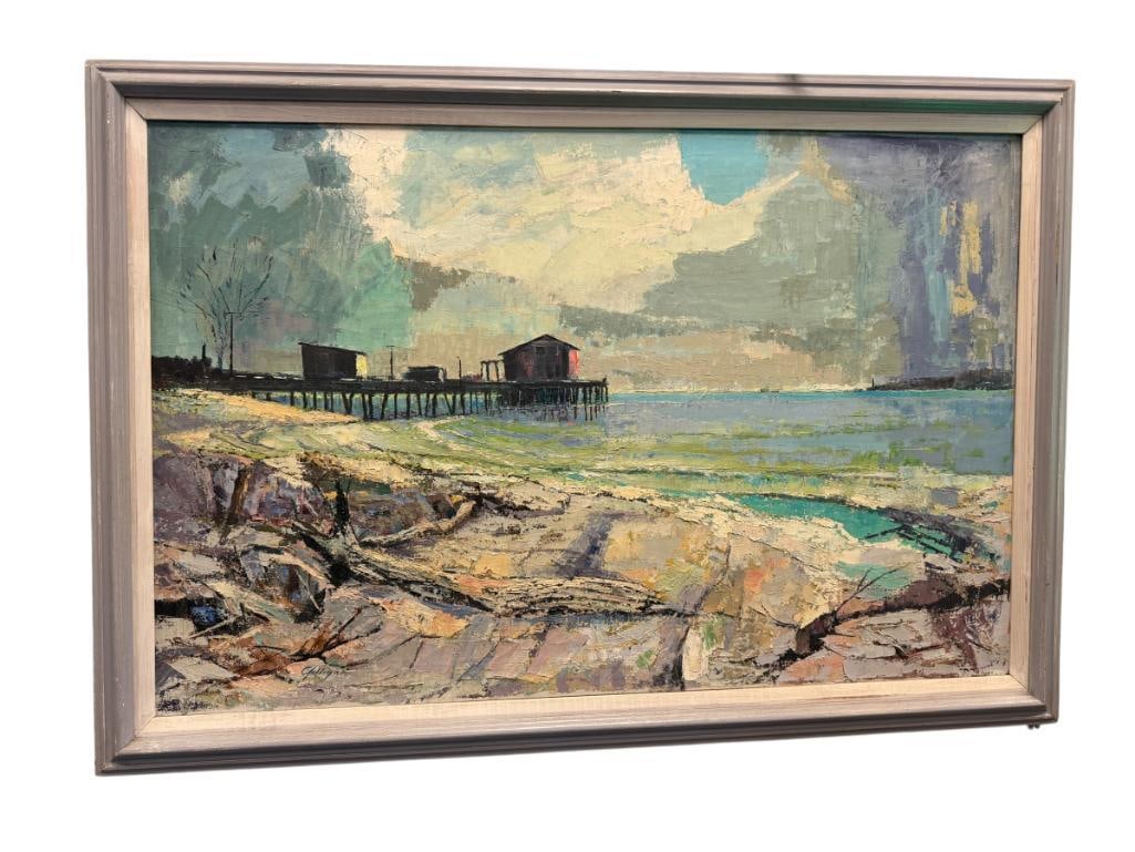 GILLIGAN SIGNED LARGE ORIGINAL OIL ON CANVAS PAINTING OF OLD PRINCETON PIER IN HALF-MOON BAY, CA.: BUILT IN THE 1940'S BY THE ROMEO BROTHERS, ART DEPICTS MOODY SCENE OF A PIER WITH WAVES CRASHING ALONG SHORELINE, SIGNED LOWER LEFT, FRAMED 44" X 30 1/2" FRAME