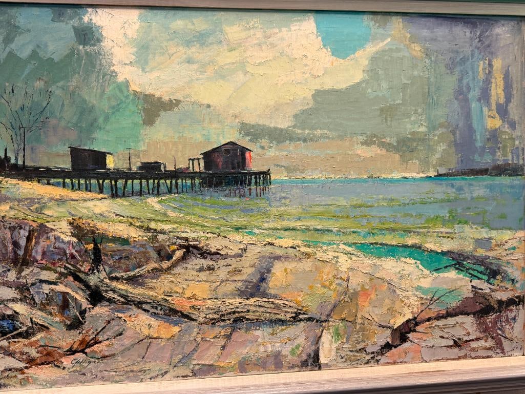 GILLIGAN SIGNED LARGE ORIGINAL OIL ON CANVAS PAINTING OF OLD PRINCETON PIER IN HALF-MOON BAY, CA. - 2