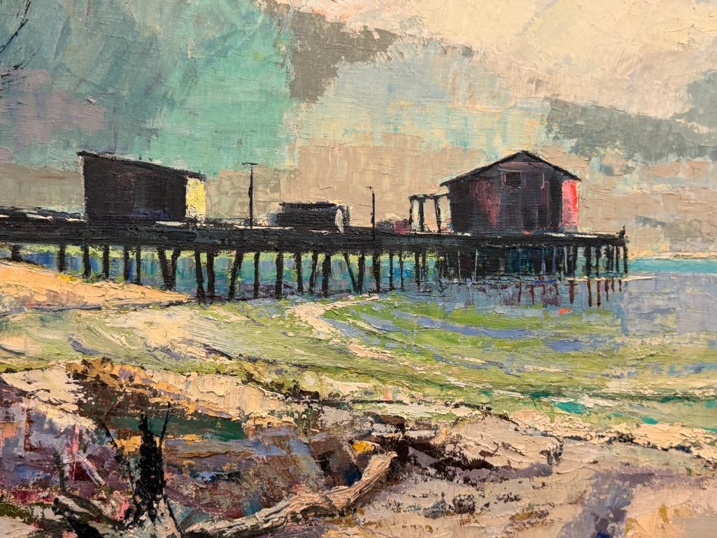 GILLIGAN SIGNED LARGE ORIGINAL OIL ON CANVAS PAINTING OF OLD PRINCETON PIER IN HALF-MOON BAY, CA. - 3