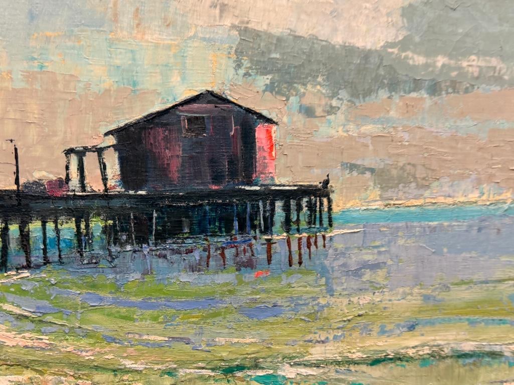 GILLIGAN SIGNED LARGE ORIGINAL OIL ON CANVAS PAINTING OF OLD PRINCETON PIER IN HALF-MOON BAY, CA. - 4