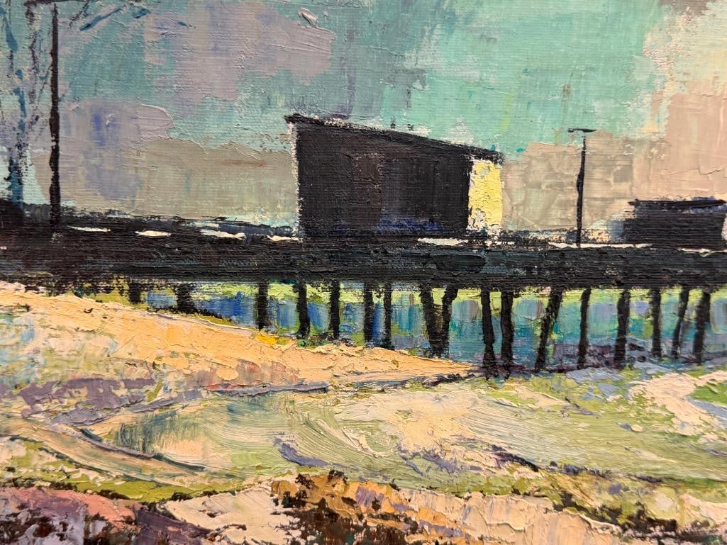 GILLIGAN SIGNED LARGE ORIGINAL OIL ON CANVAS PAINTING OF OLD PRINCETON PIER IN HALF-MOON BAY, CA. - 5