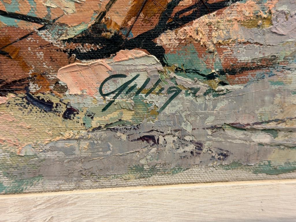 GILLIGAN SIGNED LARGE ORIGINAL OIL ON CANVAS PAINTING OF OLD PRINCETON PIER IN HALF-MOON BAY, CA. - 7
