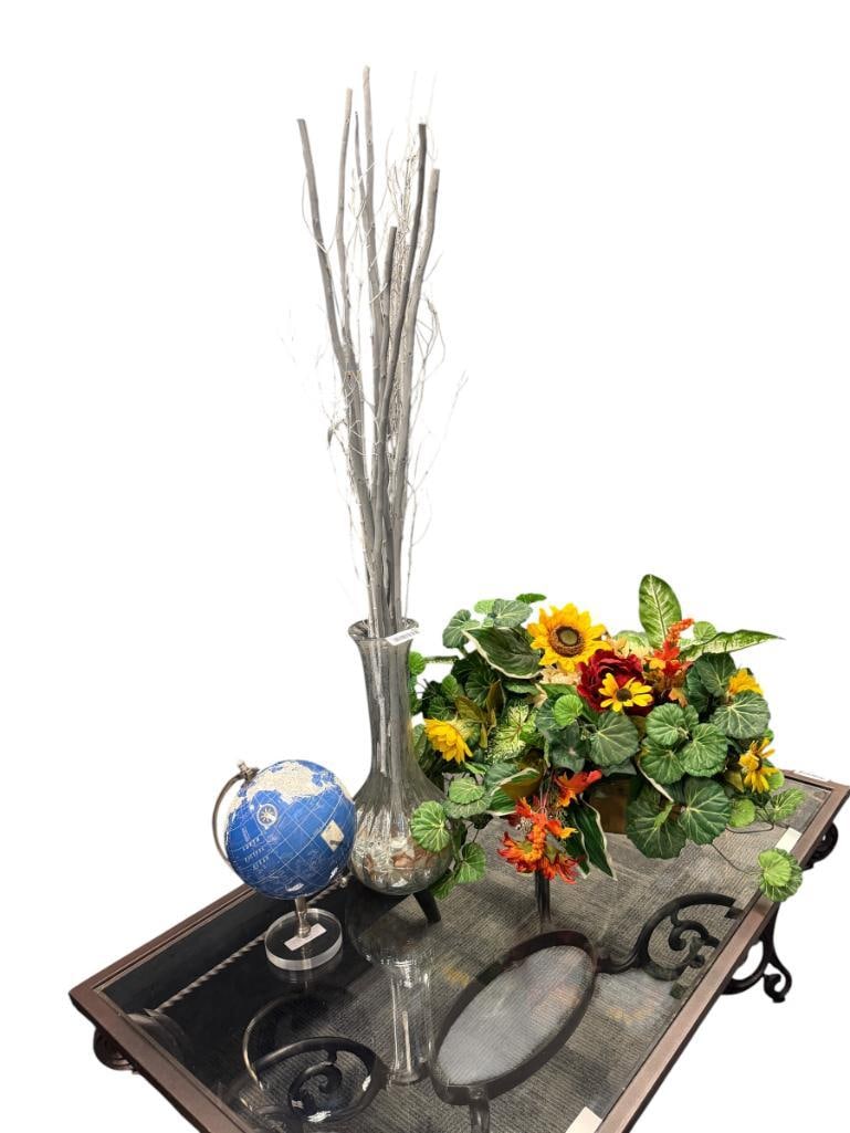 HOME DECOR ITEMS GLOBE WITH ACRYLIC BASE, TALL BUBBLE GLASS VASE WITH TWIGS AND FAUX SILK PLANT: 13" GLOBE, 18" VASE, 29" L PANTS