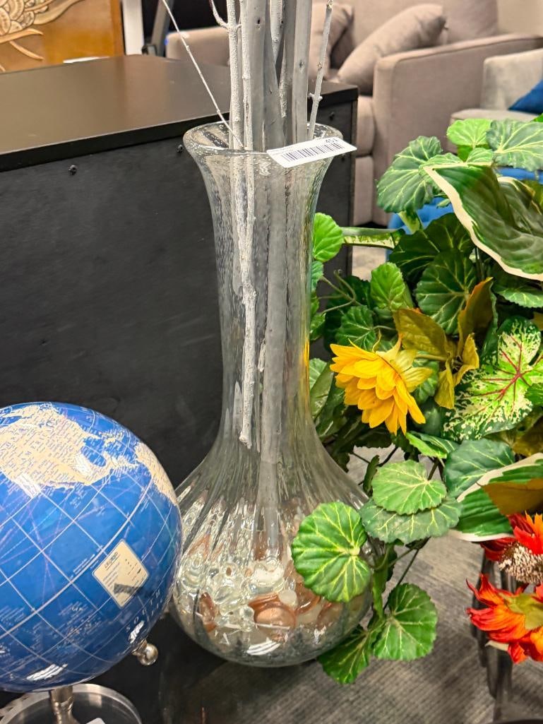 HOME DECOR ITEMS GLOBE WITH ACRYLIC BASE, TALL BUBBLE GLASS VASE WITH TWIGS AND FAUX SILK PLANT - 3