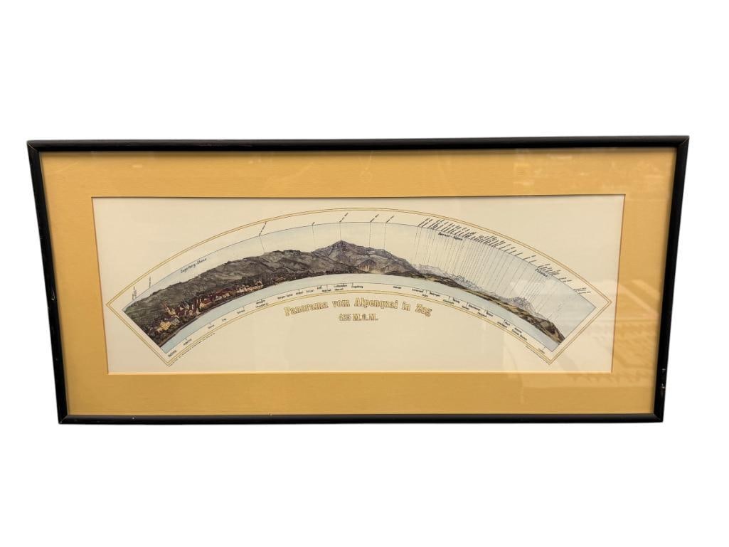 VINTAGE PANORAM TITLED PANORAMA AM ALPENQUAI IN ZUG AM ZUGERSEE BY SWISS ARTIST XAVER IMFELD: DEPICTS THE MOUNTAIN VIEW FROM THE ALPENQUAI IN ZUG SWITZERLAND, FRAMED 32 1/2" X 15 1/2" FRAME