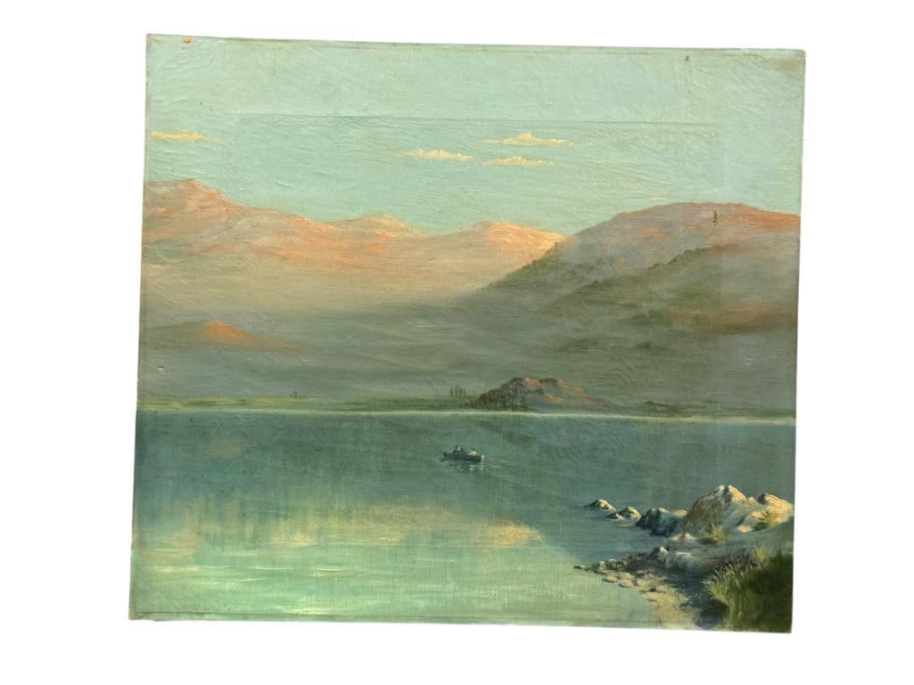 EARLY 20TH CENTURY ANTIQUE ORIGINAL OIL ON CANVAS PAINTING LANDSCAPE: ART DEPICTS SERENE SCENE OF PEOPLE IN A BOAT SURROUNDED BY MOUNTAINS, NO ARTIST SIGNATURE, SOME CRACKING TO PAINTING, PAINT DAMAGE UPPER RIGHT CORNER, CANVAS SHOWS AGE, UNFRAMED 18 1/4" X 16