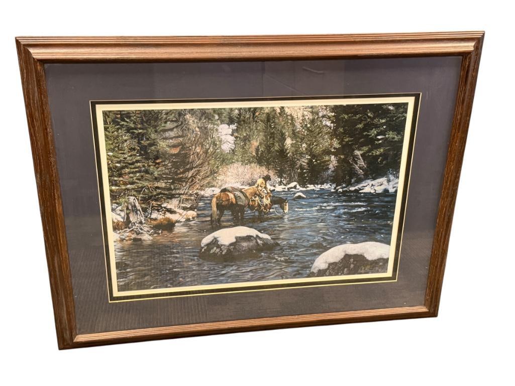 CRAIG TENNANT LIMITED EDITION WESTERN PRINT NO. 877/1500: ART DEPICTS COWBOY ON HORSEBACK LETTING HORSES DRINK FROM A RIVER, SIGNED LOWER RIGHT, FRAMED 35" X 27" FRAME