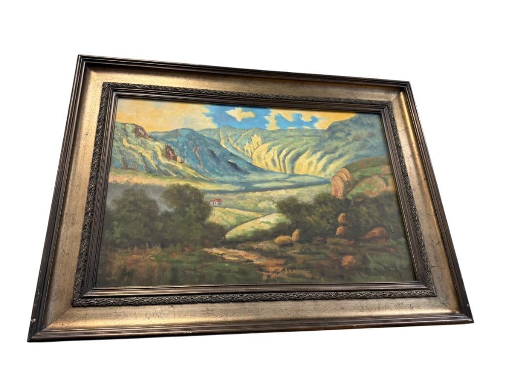 MID-20TH CENTURY PLEIN AIR IMPRESSIONIST STYLE LANDSCAPE PAINTING ON CANVAS: ART DEPICTS CONTINENTAL LANDSCAPE SCENE WITH RED-ROOFED HOME IN A VALLEY, FRAMED 45" X 33" FRAME