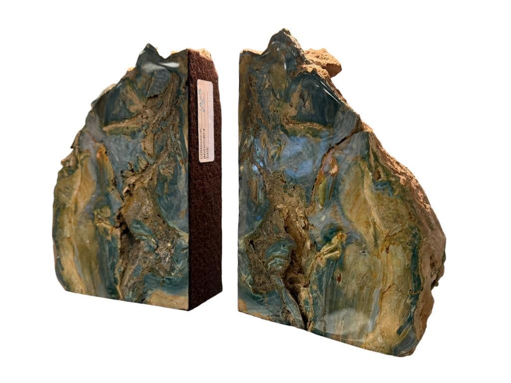 GARY GREEN JASPER POLISHED GEOLOGICAL SPECIMEN BOOKENDS WITH RAW OUTER EDGE: FOUND IN MCDERMITT, OREGON ALONG NEVADA BORDER OVERALL 12"L, 8 1/2" H