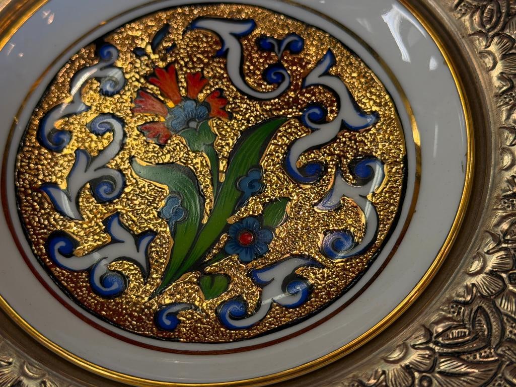 KUTAHYA PRSELEN DECORATIVE PORELAIN PLATE COLORFUL FLORAL DESIGN WITH DETAILED METAL RIM - 3