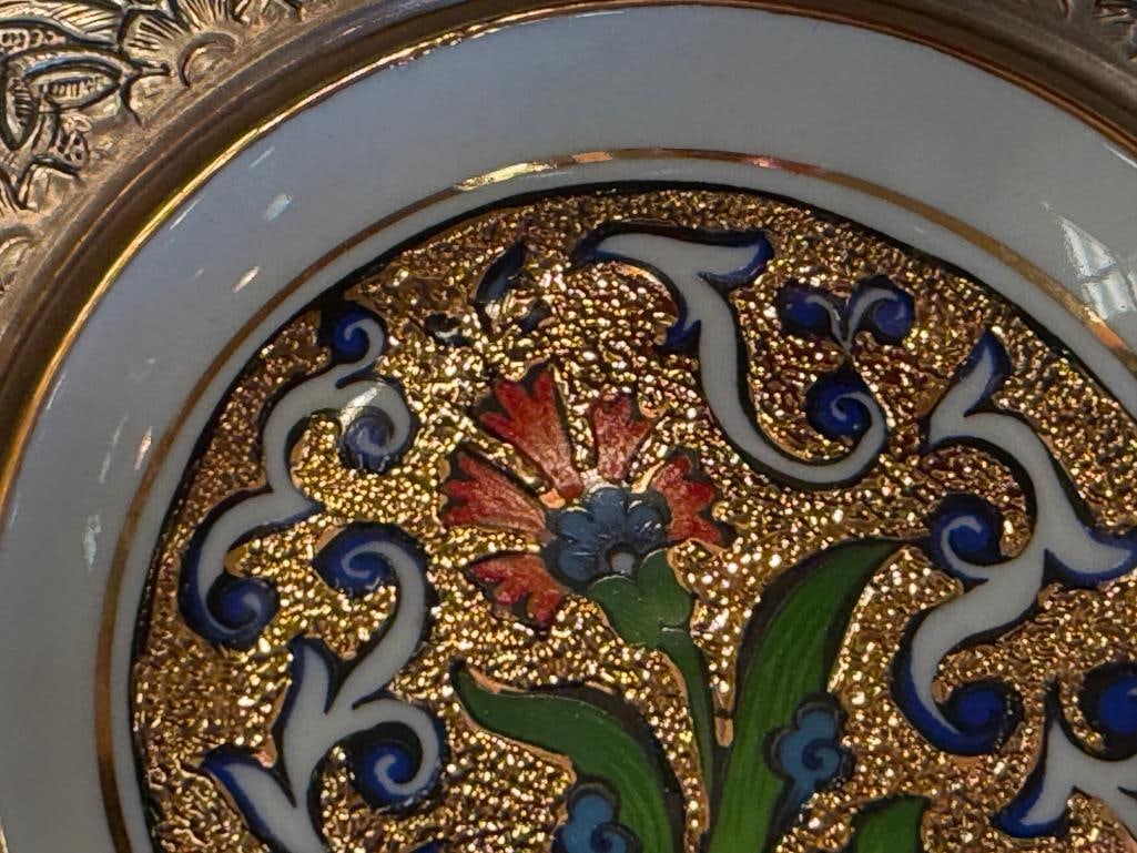 KUTAHYA PRSELEN DECORATIVE PORELAIN PLATE COLORFUL FLORAL DESIGN WITH DETAILED METAL RIM - 4
