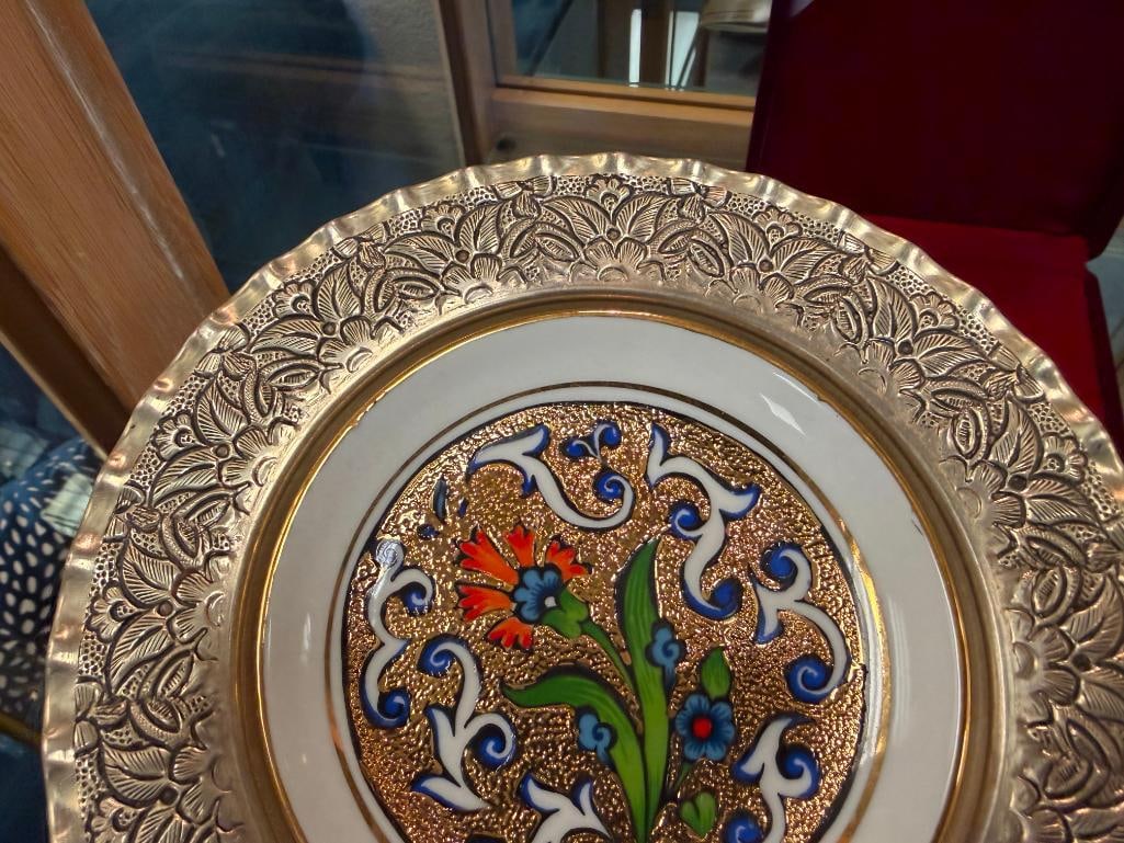 KUTAHYA PRSELEN DECORATIVE PORELAIN PLATE COLORFUL FLORAL DESIGN WITH DETAILED METAL RIM - 5