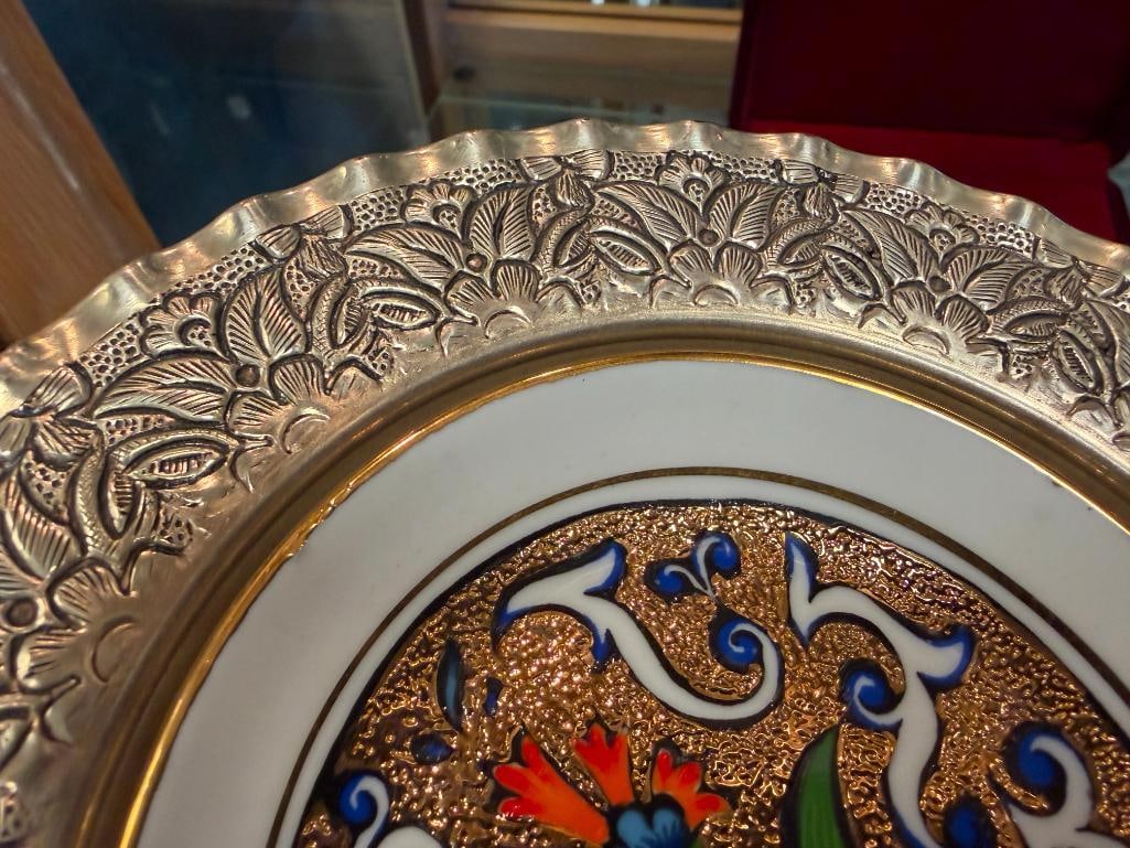 KUTAHYA PRSELEN DECORATIVE PORELAIN PLATE COLORFUL FLORAL DESIGN WITH DETAILED METAL RIM - 6