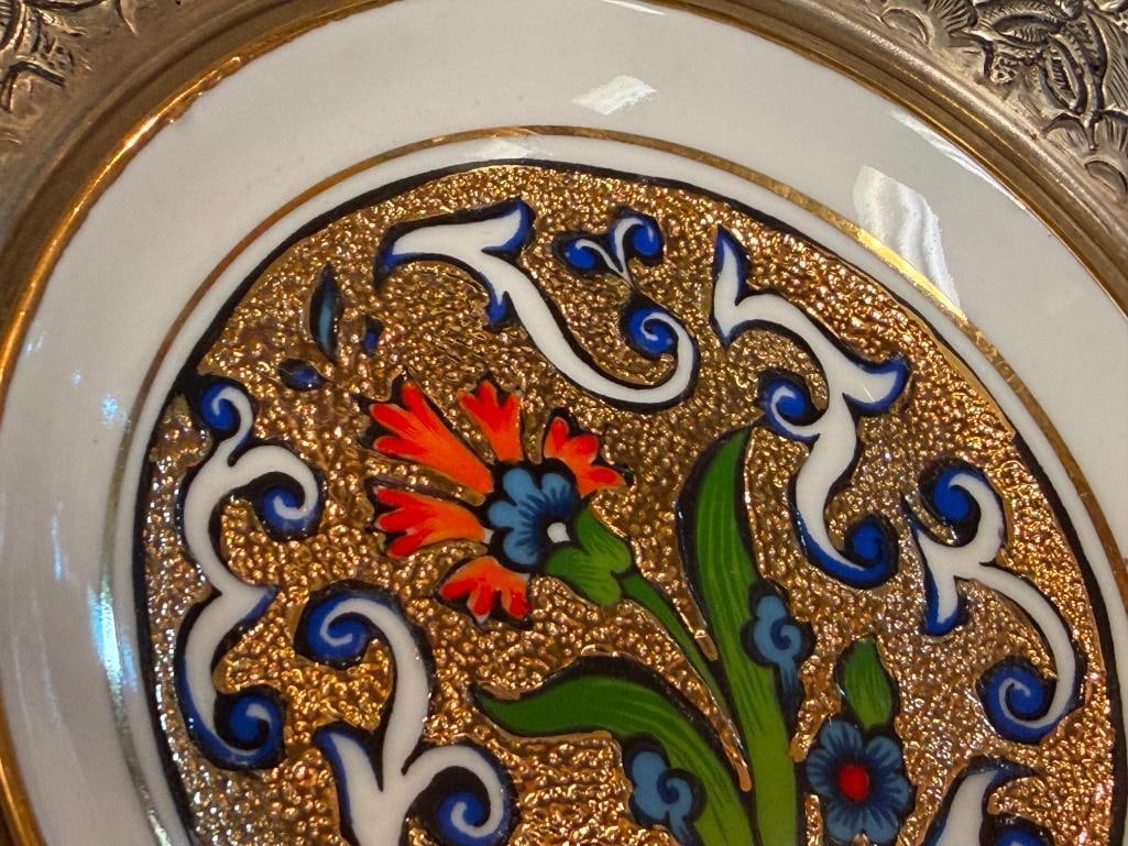 KUTAHYA PRSELEN DECORATIVE PORELAIN PLATE COLORFUL FLORAL DESIGN WITH DETAILED METAL RIM - 7