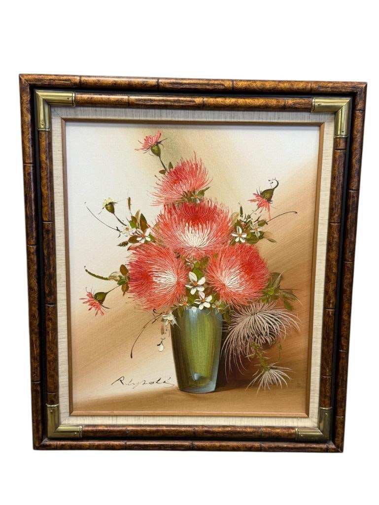 FRANCO RISPOLI ORIGINAL OIL ON CANVAS PAINTING STILL-LIFE: ART DEPICTS A FLORAL STILL-LIFE WITH BROWN BACKGROUND, SIGNED LOWER LEFT, FRAMED 26" X 30" FRAME