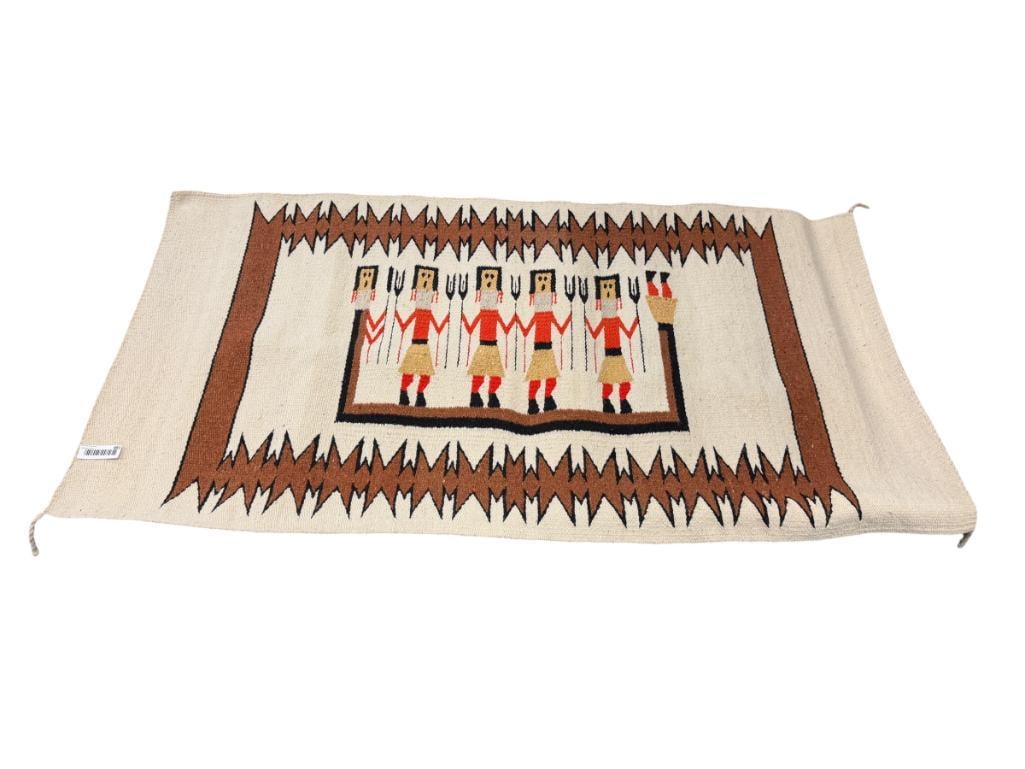 LATE 20TH CENTURY NATIVE AMERICAN WOVEN WOOL YEI BEI CHEI DANCERS WEAVING: WOOL WEAVING WITH DANCERS IN RED, BROWN, TAN, AND BLACK, NO HEAVY WEAR OR STAINS 57" X 31"