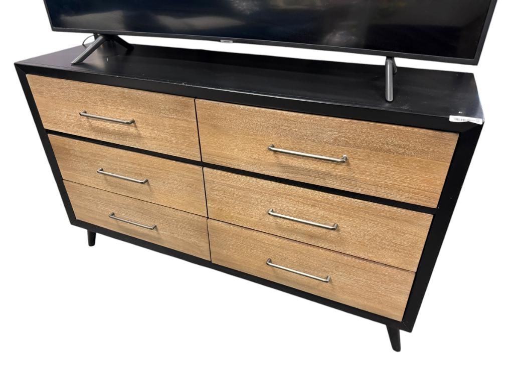 CONTEMPORARY MODERN RAKU STYLE TWO-TONE SIX-DRAWER DRESSER IN BLACK AND BROWN: DRESSER DOES SHOW WEAR / SCUFFS 60" X 17" X 36"