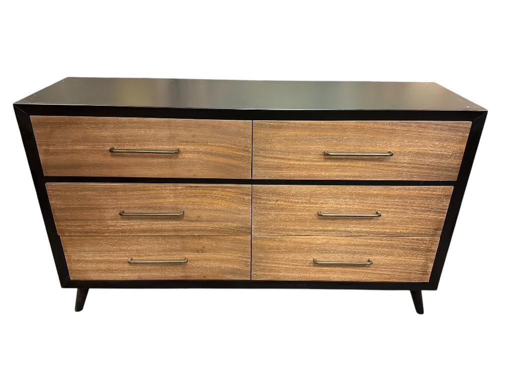 CONTEMPORARY MODERN RAKU STYLE TWO-TONE SIX-DRAWER DRESSER IN BLACK AND BROWN: DRESSER DOES SHOW WEAR / SCUFFS 60" X 17" X 36"