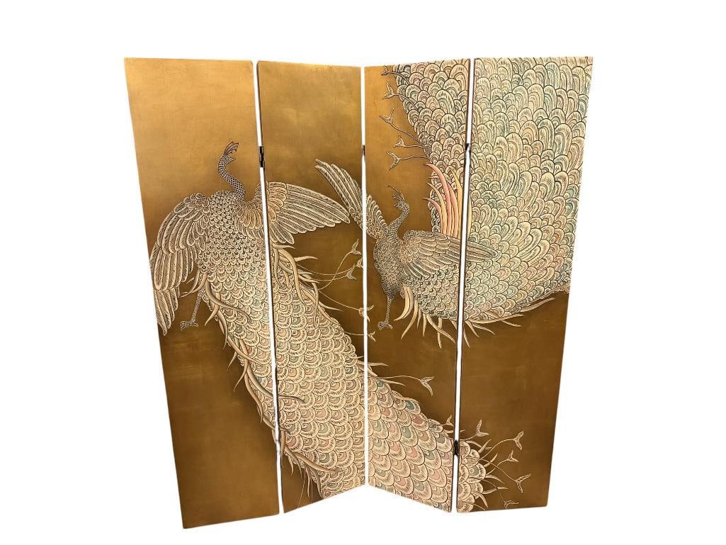 VINTAGE MAITLAND-SMITH 4 - PANEL FOLDING ROOM DIVIDER WITH PEACOCKS IN GOLD FINISH: FEATURES A 3D PEACOCK MOTIF IN GOLD, BACKSIDE IS BLANK IN A WHITE DISTRESSED FINISH 64" X 72"