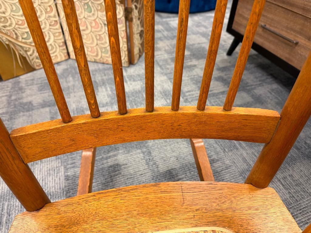 ANTIQUE OAK SPINDLE ROCKING CHAIR WITH PRESSED BACK AND CANE SEAT - 12