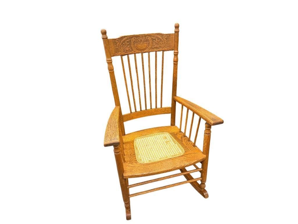 ANTIQUE OAK SPINDLE ROCKING CHAIR WITH PRESSED BACK AND CANE SEAT (1 of 12)