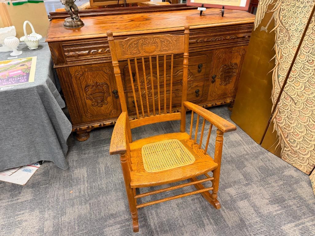 ANTIQUE OAK SPINDLE ROCKING CHAIR WITH PRESSED BACK AND CANE SEAT - 2