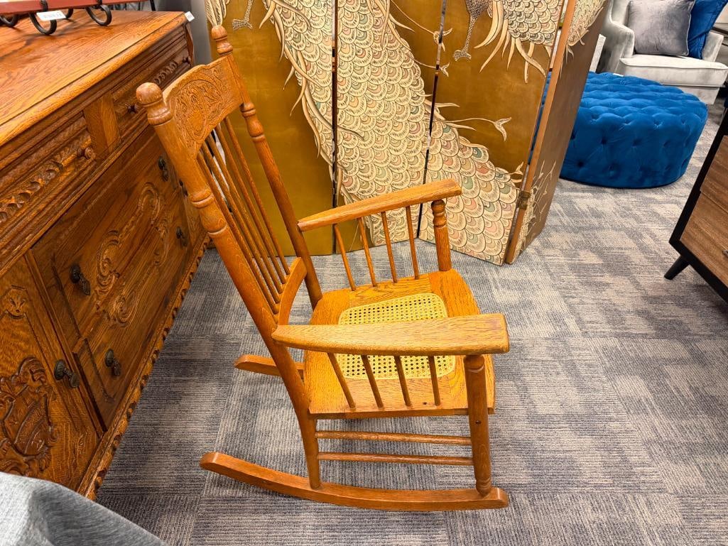 ANTIQUE OAK SPINDLE ROCKING CHAIR WITH PRESSED BACK AND CANE SEAT - 3