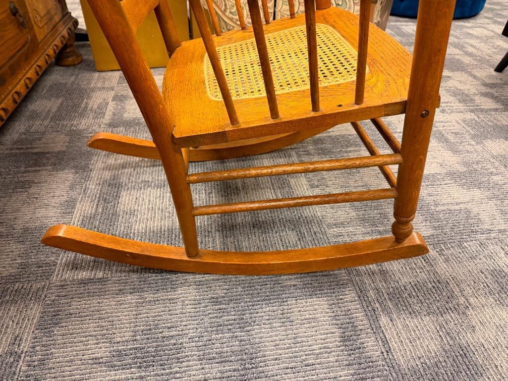 ANTIQUE OAK SPINDLE ROCKING CHAIR WITH PRESSED BACK AND CANE SEAT - 4