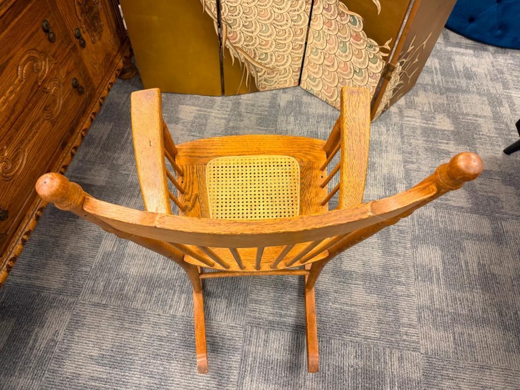 ANTIQUE OAK SPINDLE ROCKING CHAIR WITH PRESSED BACK AND CANE SEAT - 7