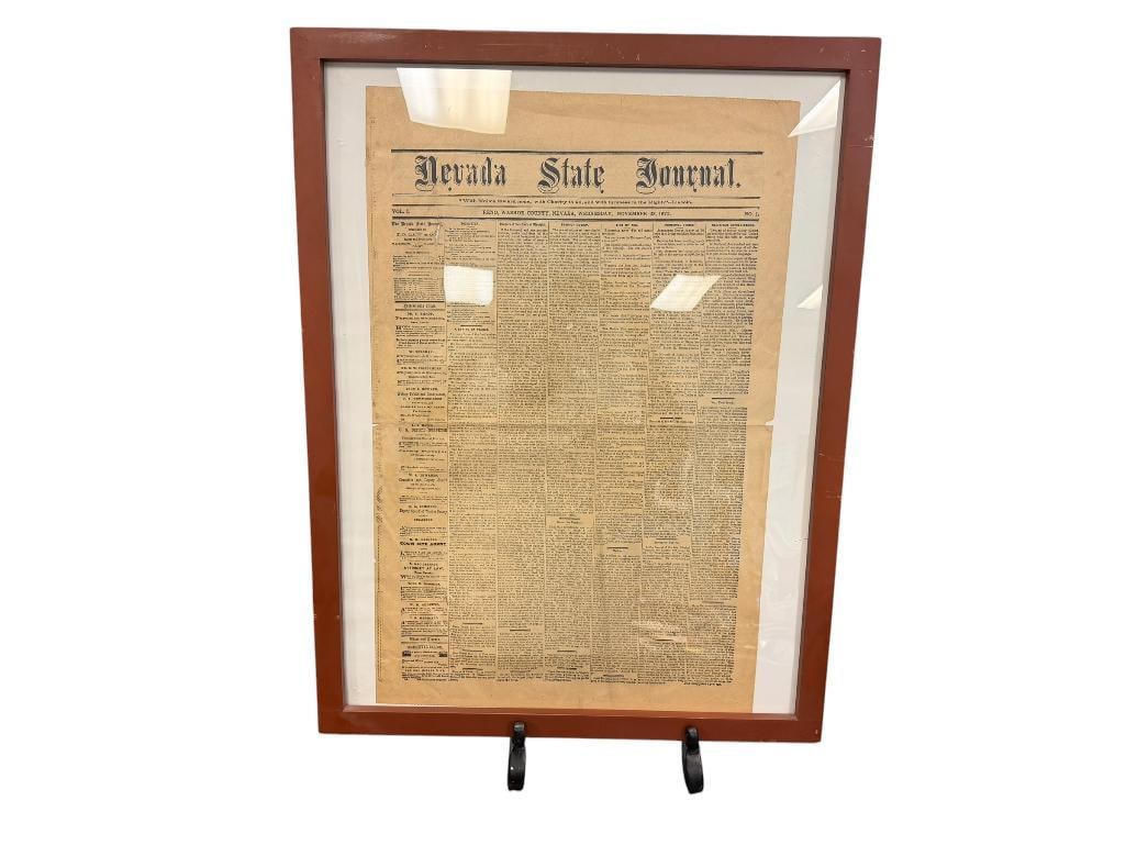 NOV. 23, 1870 NEVADA STATE JOURNAL NEWSPAPER RENO, NEVADA: 19 1/2" X 25 1/2" FRAME