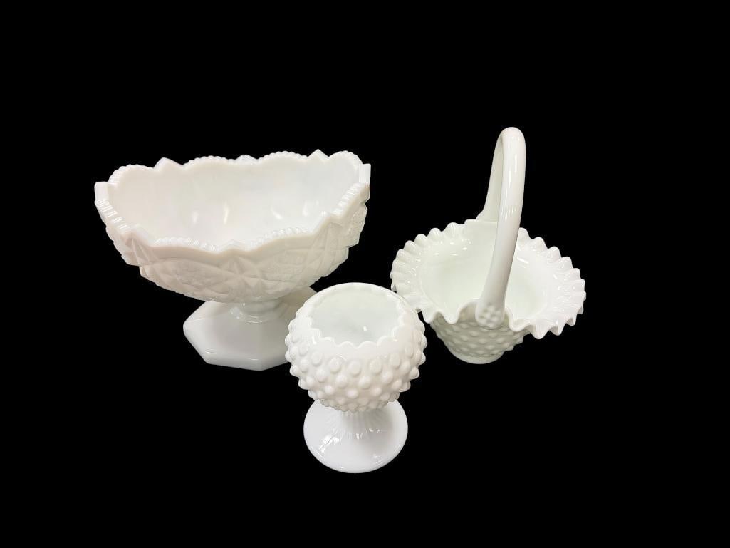 VINTAGE FENTON AND KEMPLE TOLTEC MILKGLASS HOBNAIL BASKET, IVY BALL VASE, AND PEDESTAL BOWL: BASKET IS MARKED ON THE BOTTOM, NO CHIPS OR REPAIRS 5", 8", AND 8 1/2"