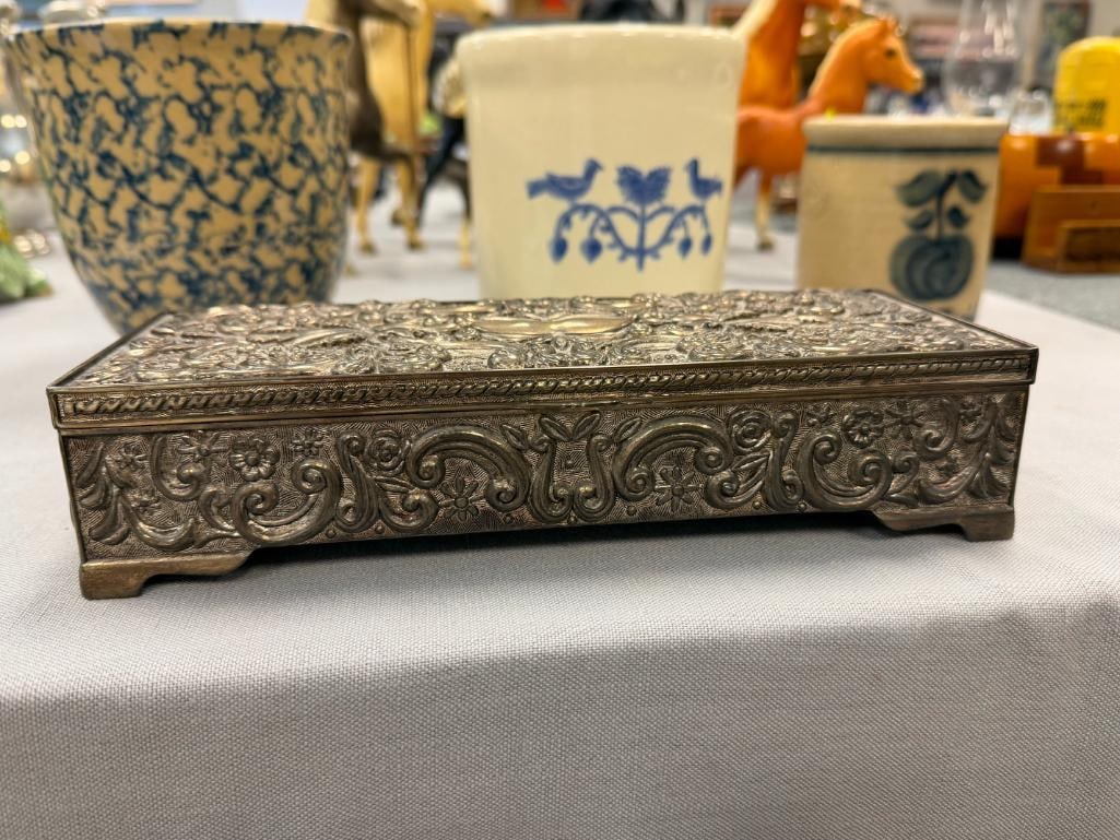 1992 GODINGER SILVERPLATE JEWELRY BOX / CASKET FILIGREE DESIGN - 4
