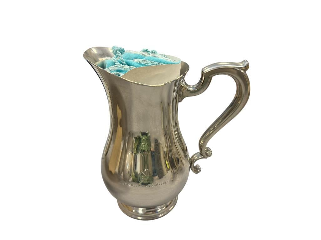 TIFFANY & CO. POLISHED PEWTER COMMEMORATIVE AWARD PITCHER ENGRAVED NATIONAL SEMICONDUCTOR: PRESENTED AS AN AWARD, INCLUDES ORIGINAL CLASSIC TIFFANY & CO. POUCH 8 1/4" H