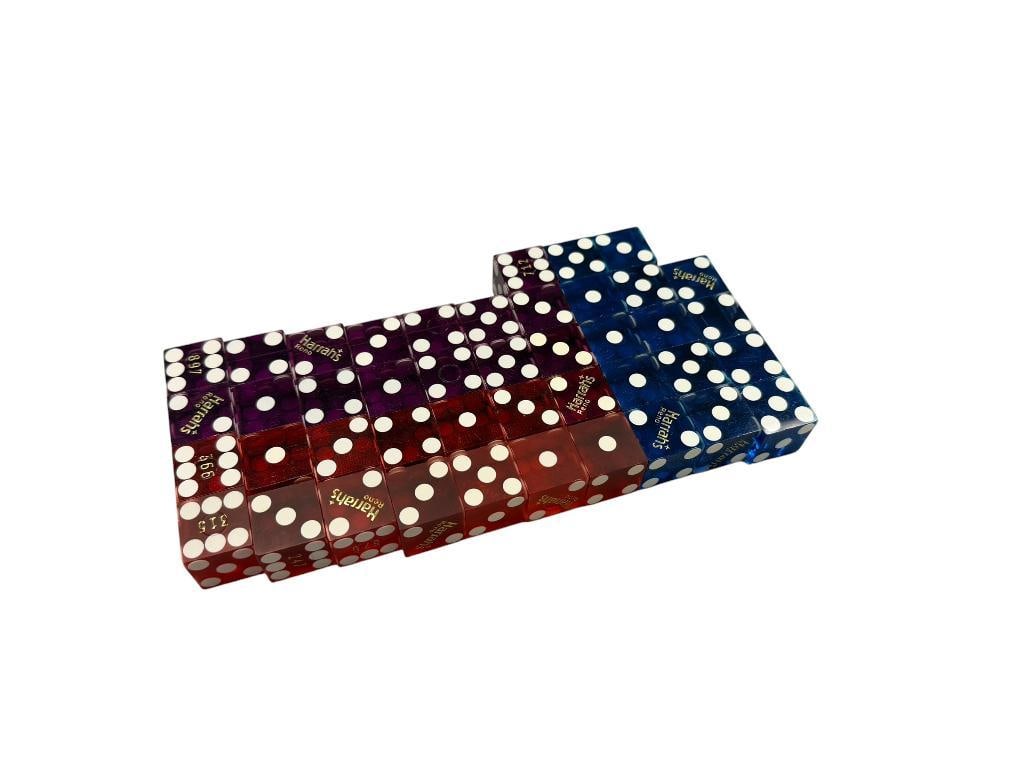 VINTAGE HARRAH'S CASINO LUCITE DICE IN BLUE, PURPLE, AND RED: 43 TOTAL 