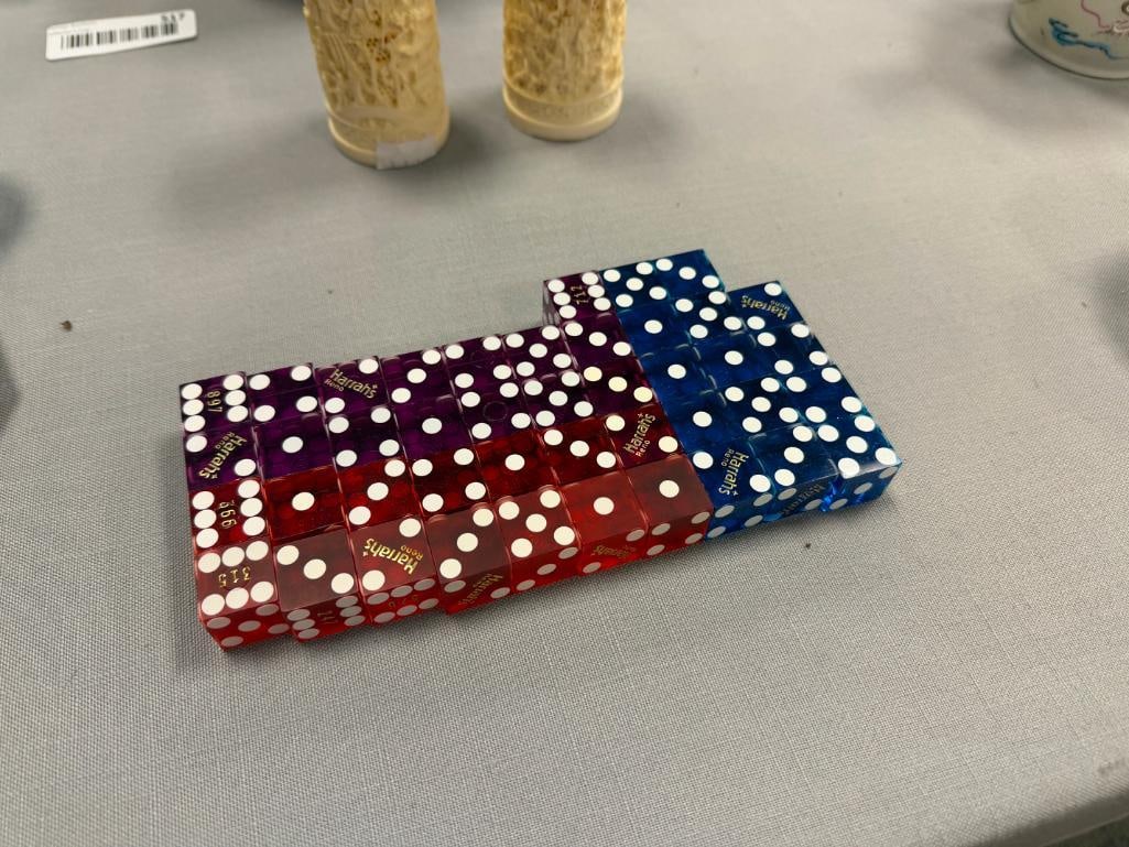 VINTAGE HARRAH'S CASINO LUCITE DICE IN BLUE, PURPLE, AND RED - 2